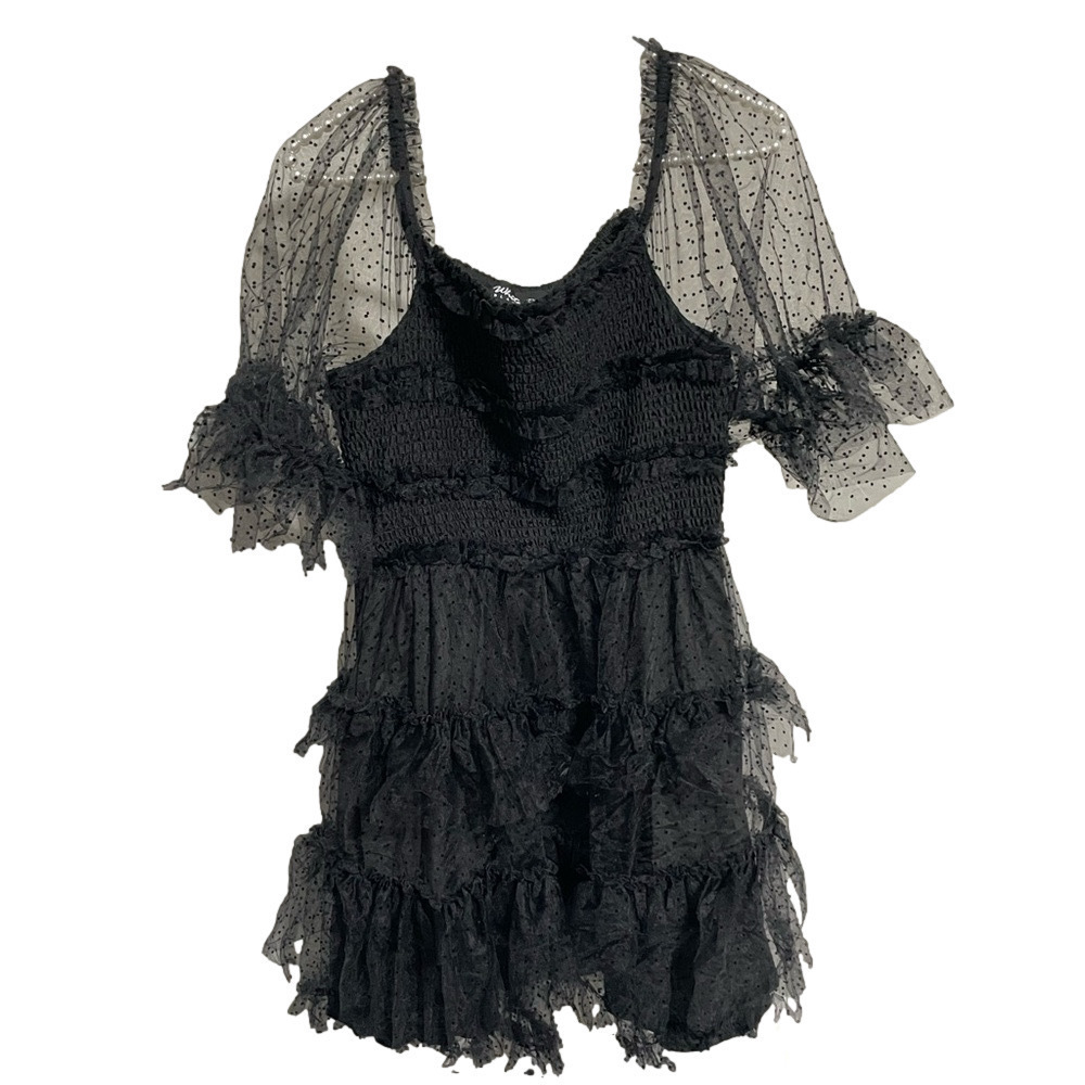 White Birch Black Swiss Dot Tulle Mini Dress M Smocked Ruffle Romantic Goth NWT - Picture 9 of 13